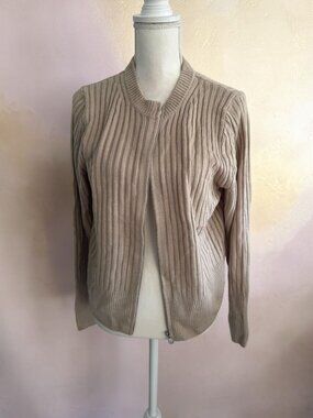 ZENANA Beige Ribbed Zip Sweater Size Large